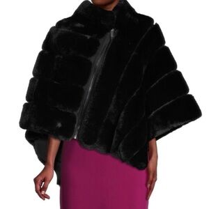 Elegant Black faux fur trimmed with leather poncho